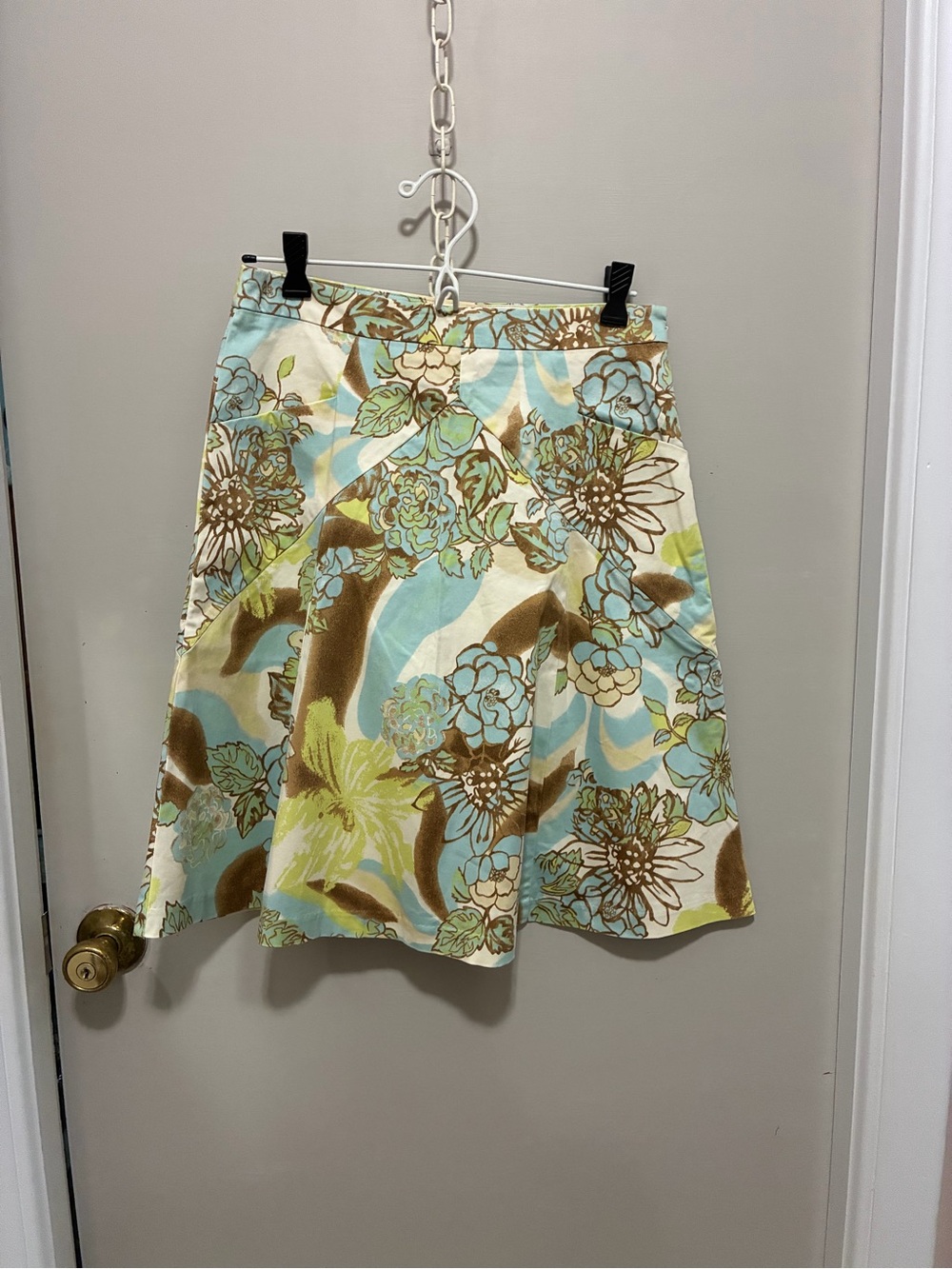 Vintage Express Floral A-Line Skirt in Blue, Green & Brown